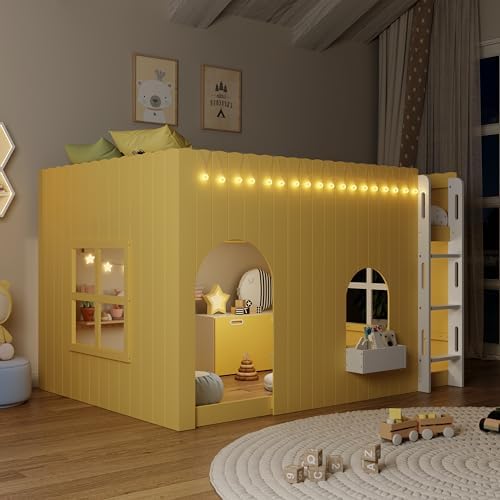 Merax Full Loft Bed with Ladder and House-Style Frame, Primrose Yellow