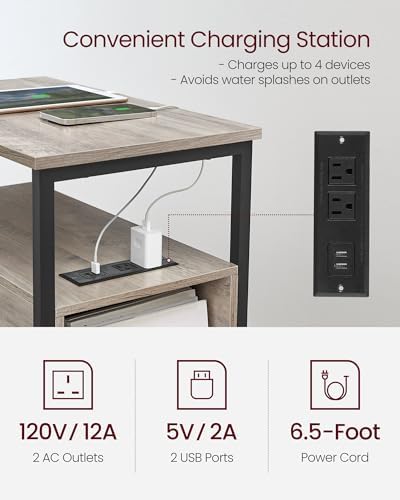 VASAGLE Side End Table with Charging Station, Slim Nightstand with Storage
