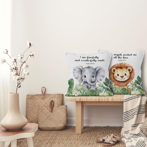 Christian Animal Nursery Throw Pillow Cover 18x18, Bible Verse Lion Elephant Decorative Pillow Covers for Kids Nursery Room Bedroom Playroom, Religious Accent Pillows Cover Pillowcases, Set of 2