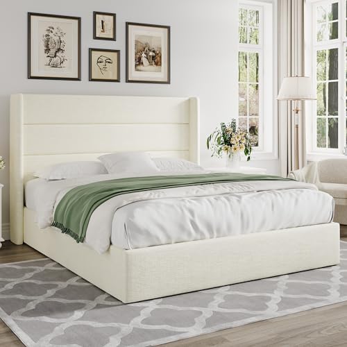 Allewie Queen Size Chenille Lift Up Hydraulic Storage Bed Frame Cream White