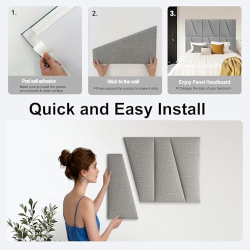 Peel and Stick Headboard Panels for King Bed, Upholstered Wall Mounted Headboard in Lighe Gray, Soft Padded Fabric Noise-Reducing Panels with Modern Stylish Design for Bedroom Decor (8 Panels)