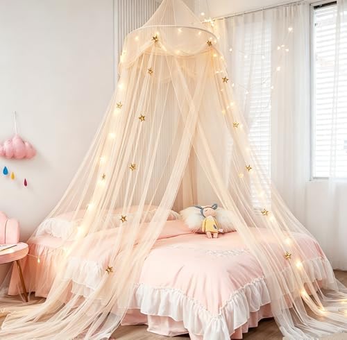 Bed Canopy with Star Lights, Gold Star Princess Canopy for Bed,Extra Large Dome Mosquito Net Reading Nook Bed Canopy for Girls Twin Full Queen Size Bed,Ivory