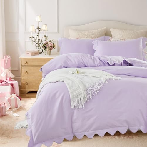 Brandream Organic Cotton Duvet Cover Set Twin/Twin XL Scalloped Edge Purple Girls Bedding Size Soft Breathable Luxury Bed Set Grandmillennial Cottagecore Coquette Hotel Style Bedroom, Zipper Closure
