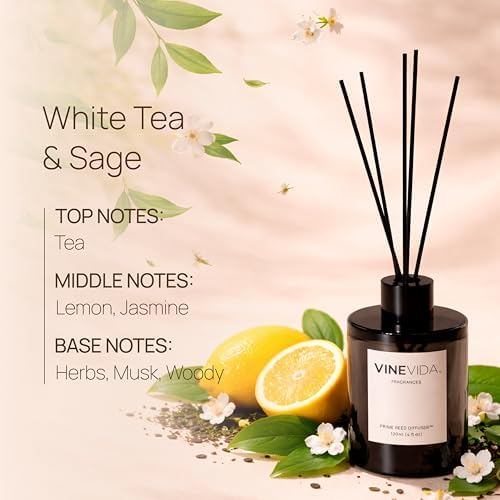 VINEVIDA | White Tea & Sage | Reed Diffuser for Home & Bathroom | Long-Lasting Scent Sticks Set | Oil Stick Diffuser | Bathroom Scent
