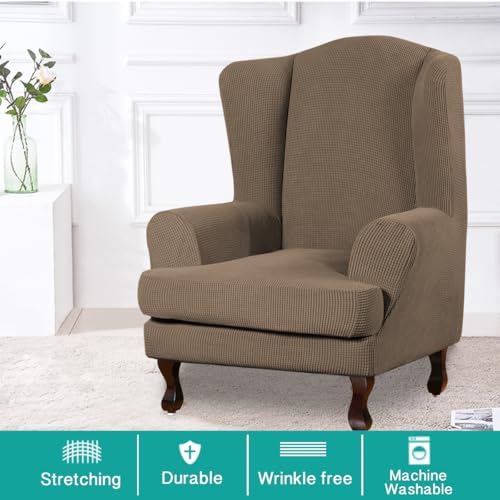Turquoize Wingback Chair Covers 2 Piece Wing Chair Slipcover Stretch Slipcovers for Wingback Chairs Spandex Jacquard Fabric with Elastic Bottom Non-Slip Furniture Cover, Macchiato