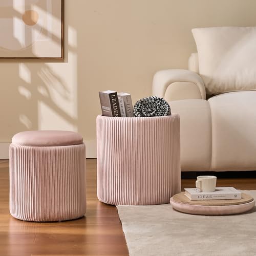 BLEXA Set of 2 Round Storage Ottoman, Velvet Pink Ottoman with Storage