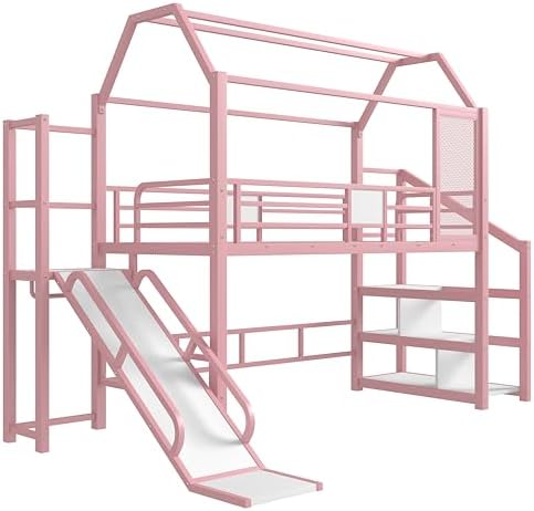 Bellemave Twin Size Metal House Loft Bed with Slide and Stairs,Heavy Duty Playhouse Loft Bed Frame with Storage Shelves for Kids,Teens,Adults,Pink