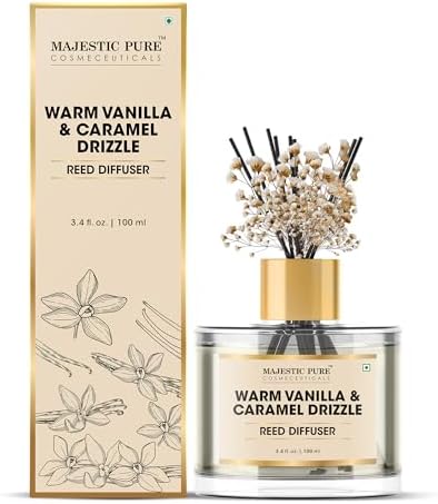 Majestic Pure Warm Vanilla & Caramel Drizzle Reed Diffuser for Home, Bathroom & Office | Natural Aromatherapy Air Freshener & Room Fragrance, with Reed Sticks & Dried Flowers 3.4 fl oz