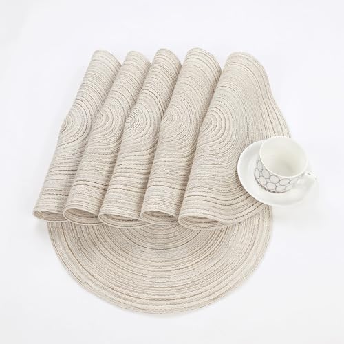 SHACOS Round Placemats Set of 6 Braided Circle Place Mat Washable 15 inch Table Mats for Kitchen Dining Table Decor Mixed Color (Ivory, 6)