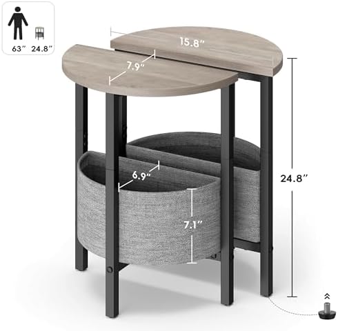 Vagusicc Small Round Side Table End Table, Tall Accent Table with Storage Basket, Set of 2 Half Round Tables Half Moon Tables, Coffee Bedside Tables, Modern Nightstand for Living Room Bedroom, Gray