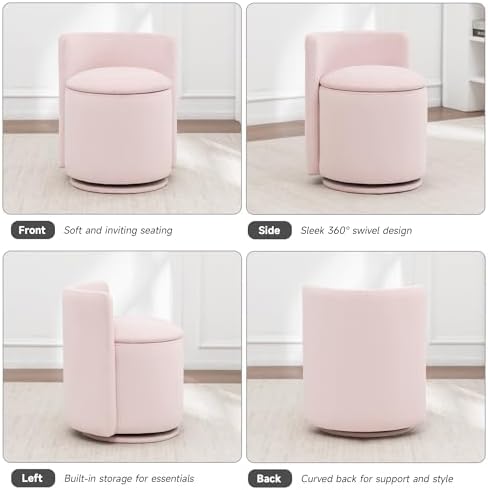 MINCETA Vanity Chair with Storage, 360° Swivel Accent Chair, Pink