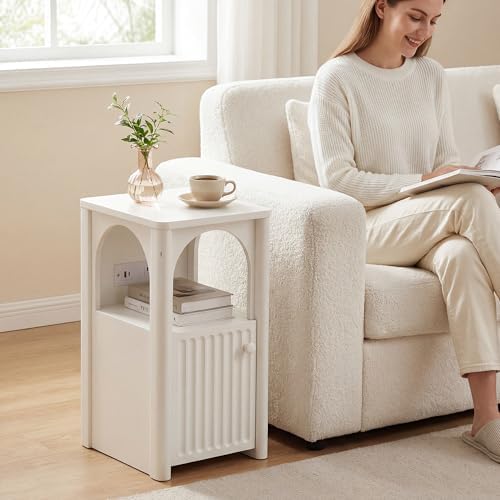 White Narrow Nightstand Set of 2 Bedside Table with ChargingStation