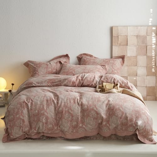 Blush Pink Flower Duvet Cover Set Queen,3 Pieces Retro Jacquard Pink Floral Bedding Set,Linen Cotton Yarn-Dyed Textured Duvet Cover with Zipper Closure