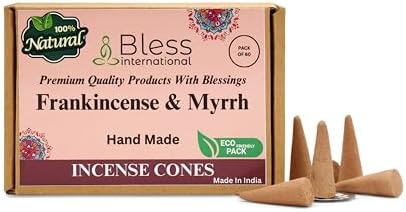 Bless International Frankincense-and-Myrrh 100%-Natural-Incense-Cones Handmade-Hand-Dipped Organic-Chemicals-Free for-Purification-Relaxation-Positivity-Yoga-Meditation The-Best-scents (60 Count)