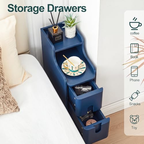 Narrow Nightstand, Wood 2 Drawer Small Nightstand, Slim Side Table, Modern Skinny End Bedside Table, Natural Wood Night Stand with Drawers for Bedroom (Blue-1 pc)