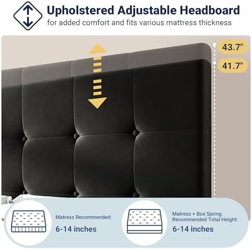 Allewie Full Size Storage Bed Frame with 4 Underbed Drawers, Upholstered Platform Bed with Adjustable Headboard, Square Button Tufted, Easy Assembly, Noise-Free, No Box Spring Needed, Soft Black