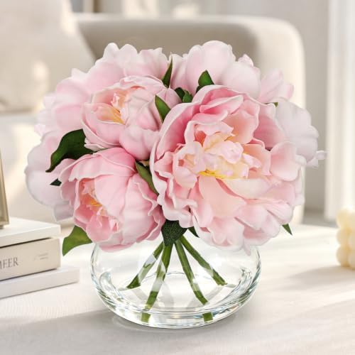 Hollyone Pink Peonies Artificial Flowers with Glass Vase Medium 7.8inch Faux Peonies Look Real Peony Fake Flowers Silk Flower Arrangements with Faux Water for Wedding Table Centerpiece Home Decor