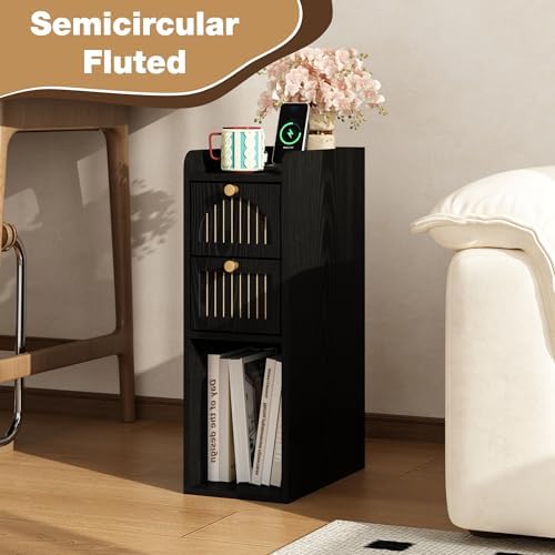 7.87" Narrow Nightstand Set of 2, Fluted Slim Bedside Table with 2 Drawers, Mid Century Modern Small End Table with Gold Metal Handles, for Bedroom, Living Room & Small Spaces - Black