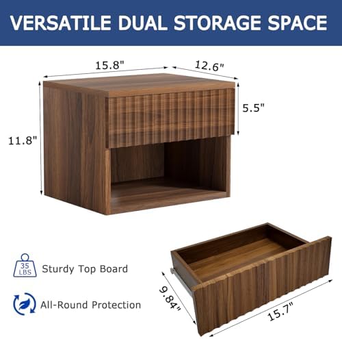 Floating Nightstand Set of 2, Wall Mounted Cabinet with Storage Drawer, Bedroom Bedside Table with LED Light, Modern Night Stand for Dorm Hallway Entryway, Walnut