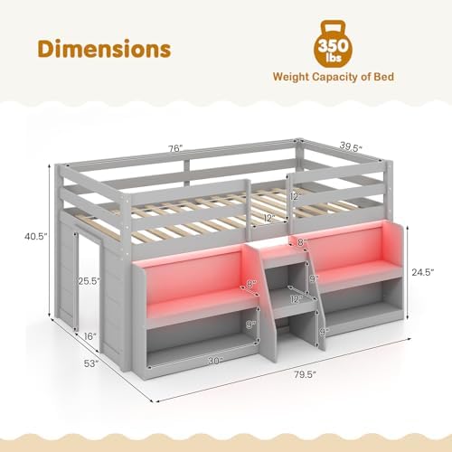 GIANTEX Twin Loft Bed with LED Lights, Wooden Loft Bed Twin Size with Stairs & Safety Guardrail, Low Loft Bed for Kids with Storage Bookcase and Under-Bed Play Space, Grey