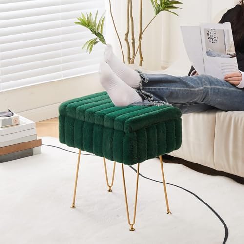 16.5" Faux Mink Fur Storage Ottoman Soft Footstool Vanity Chair Metal Legs