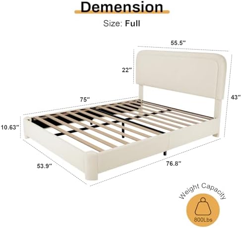 WEUP Full Size Boucle Bed Frame, Upholstered Cloud Bed Frame with Headboard, Soft Rounded Corners, No Box Spring Required, Adjustable Headboard, Easy Assembly