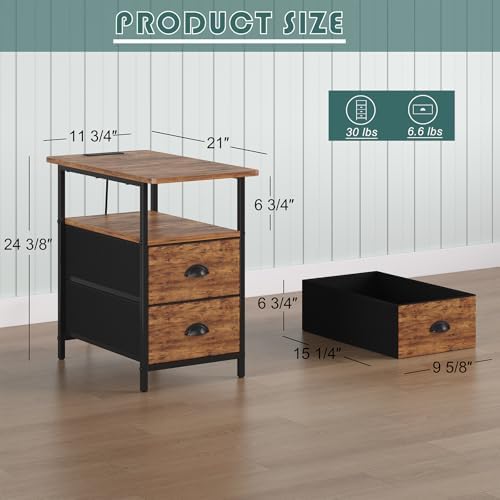 sthmec End Table with Charging Station, Narrow Side Table with 2 Drawers, Nightstands with Drawers, USB Ports & Power Oulets,Slim Sofa Side Tables for Small Spaces,Living Room,Bedroom,Rustic Brown
