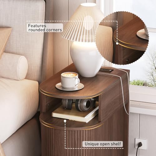 RALGEND Narrow End Table with Charging Station and Sliding Curved Door