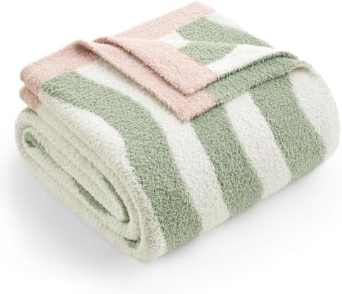 Snuggle Sac Wave Stripe Throw Blanket for Couch, Fuzzy Microfiber Blankets, Throws for Girls Daughter Gifts for Kid, Wave Sage Green White, 60x80 inches