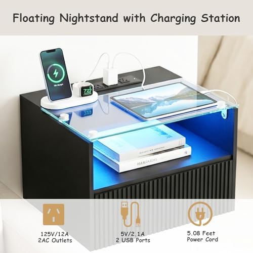 Arbuxzuy Floating Nightstand Set of 2 with Charging Station and Drawer
