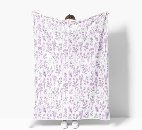 Floral Fuzzy Blanket Purple Floral Throw Blanket, Botanical Flowers Blankets, Soft, Flannel, Warm, Boho Flowers Bed Blankets All Season for Couch Bedroom Living Room 50X70 Inch