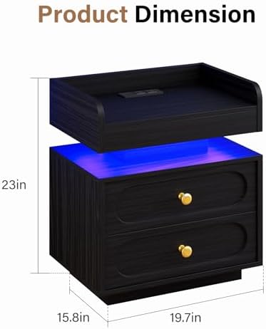 4ever2buy Black Nightstand Set of 2 with Charging Station and LED Lights