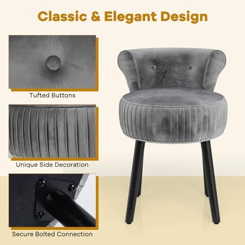 CHARMAID Velvet Vanity Chair for Bedroom, Elegant Accent Chair with Tufted Low Back, Solid Wood Legs, Upholstered Seat, Modern Makeup Stool for Dressing Room, Home Office (Gray & Black)