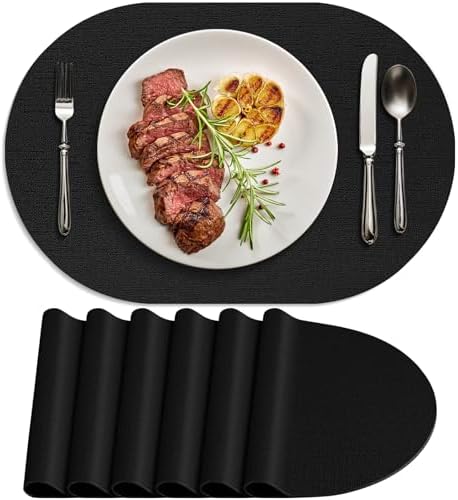 Faux Leather Oval Placemats Set of 6, Black