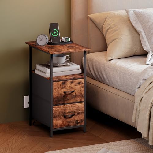 Somdot End Table Set of 2 with Charging Station, 2 Drawers, Slim Side Table