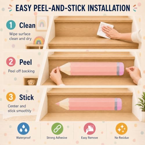 Cinrobiye 12 Pcs Pastel Pencil Classroom Stair Decals, Wall Stickers for Back to School Decor, Teacher Classroom Decorations for Kindergarten, Nursery, Door, Wall, Bulletin Board and Learning Spaces