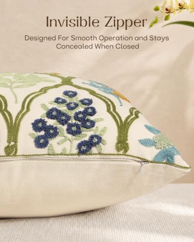 Embroidered Floral Throw Pillow Cover 18x18 Inch, Verdant Blooms