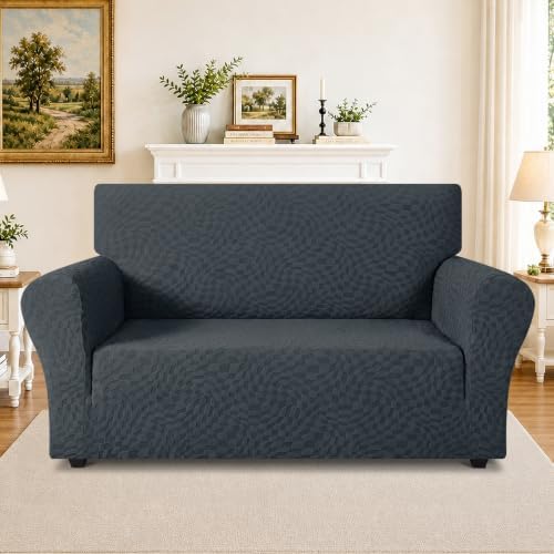 ZNSAYOTX 1 Piece Stretch Loveseat Covers for 2 Cushion Couch (55"-71"), New Plaid Couch Cover with Non-Slip Buckle for Dog Pets, Soft Cozy Washable Sofa Slipcover Form Fit Protector, Dark Grey