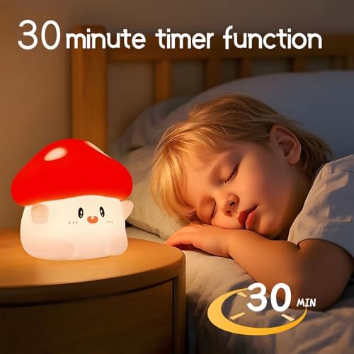 Color Changing Mushroom Night Light for Kids, Cute Squishy Silicone Mushroom Lamp, 50-Hour Rechargeable Bedside Light with Tap Control, 2 Brightness Levels, Timer, Room Decor Gift
