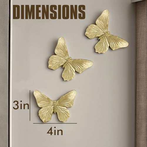 GUSFREUD 3D Butterfly Wall Decor Set – Resin Wall Decor for Living Room, Bedroom, Bathroom, Dining Room, Outdoor and Gallery Walls - Antique Gold - Set of 3