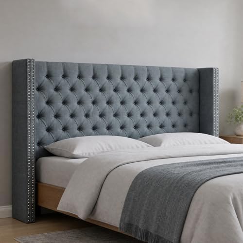 Madison Park King Wingback Upholstered Tufted Headboard, Featuring High-Density Sponge Padding, Adjustable Height Headboard, Easy Assembly, Dark Grey Woven