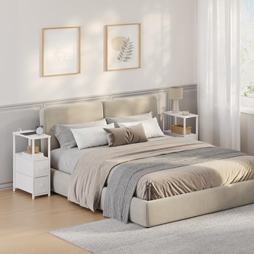 TUTOTAK Narrow End Table, Skinny Side Table with Charging Station