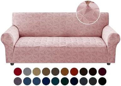 YEMYHOM 1 Piece Stretch Couch Covers for 3 Cushion Couch, Jacquard Sofa Cover with Non-Slip Elastic Bottom, Thickened Slipcover Furniture Protector for Dogs Pets (Large, Pink）