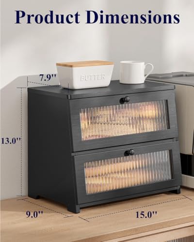 Kitsure Wooden Bread Box for Kitchen Countertop, 2-Tier, Black