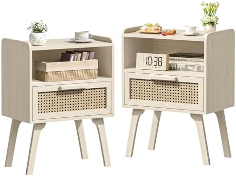 Lerliuo Rattan Nightstands Set of 2, Side Table with Drawer Open Shelf