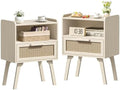 Lerliuo Rattan Nightstands Set of 2, Side Table with Drawer Open Shelf