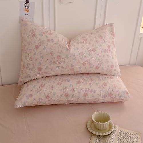 LifeTB Vintage Floral Duvet Cover Set King, Pink Flower Coquette Duvet Cover Muslin Cotton Gauze Bedding Set, Cottagecore Flower Botanical Comforter Cover, Aesthetic Floral Lightweight Bedding Set
