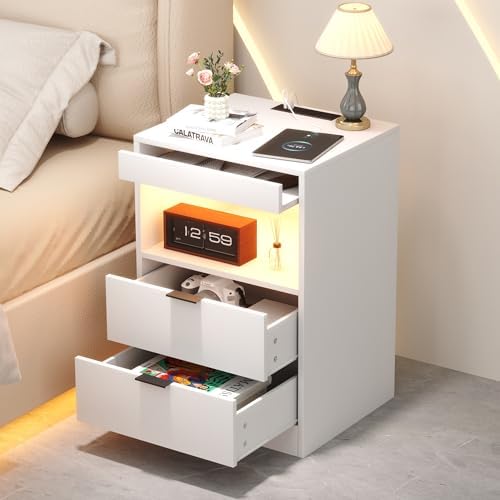 Yusong Night Stand, LED Nightstand with Charging Station, White