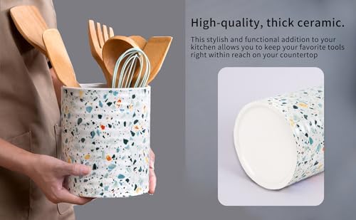 Kitchen Utensil Holder,7.2-inch Extra Large Ceramic Terrazzo Marble Pattern Utensil Crock,Cooking Utensil Organizer for Kitchen Counter Decor,Storage Caddy Farmhouse Gift Nordic Light Blue