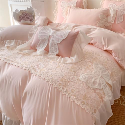 Ruffled Bedding Bow Duvet Cover -Twin Size Pink Chic Lace Bedding Set with Cute Bowtie-2 Pieces Soft Comforter Cover Set with Zipper Closure-Romantic French Princess Style-No Comforter-Pink,Twin Size